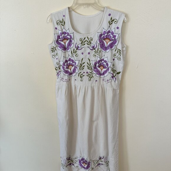 Handmade Womens Embroidered Midi Dress Purple Floral Large Cotton Sleeveless - Picture 2 of 10